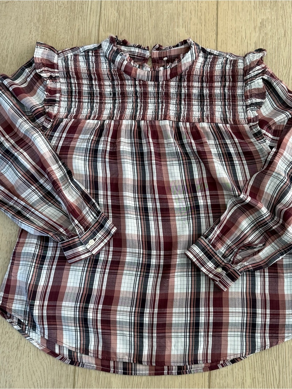 Burgundy Plaid Long-Sleeve Smocked-Yoke Blouse